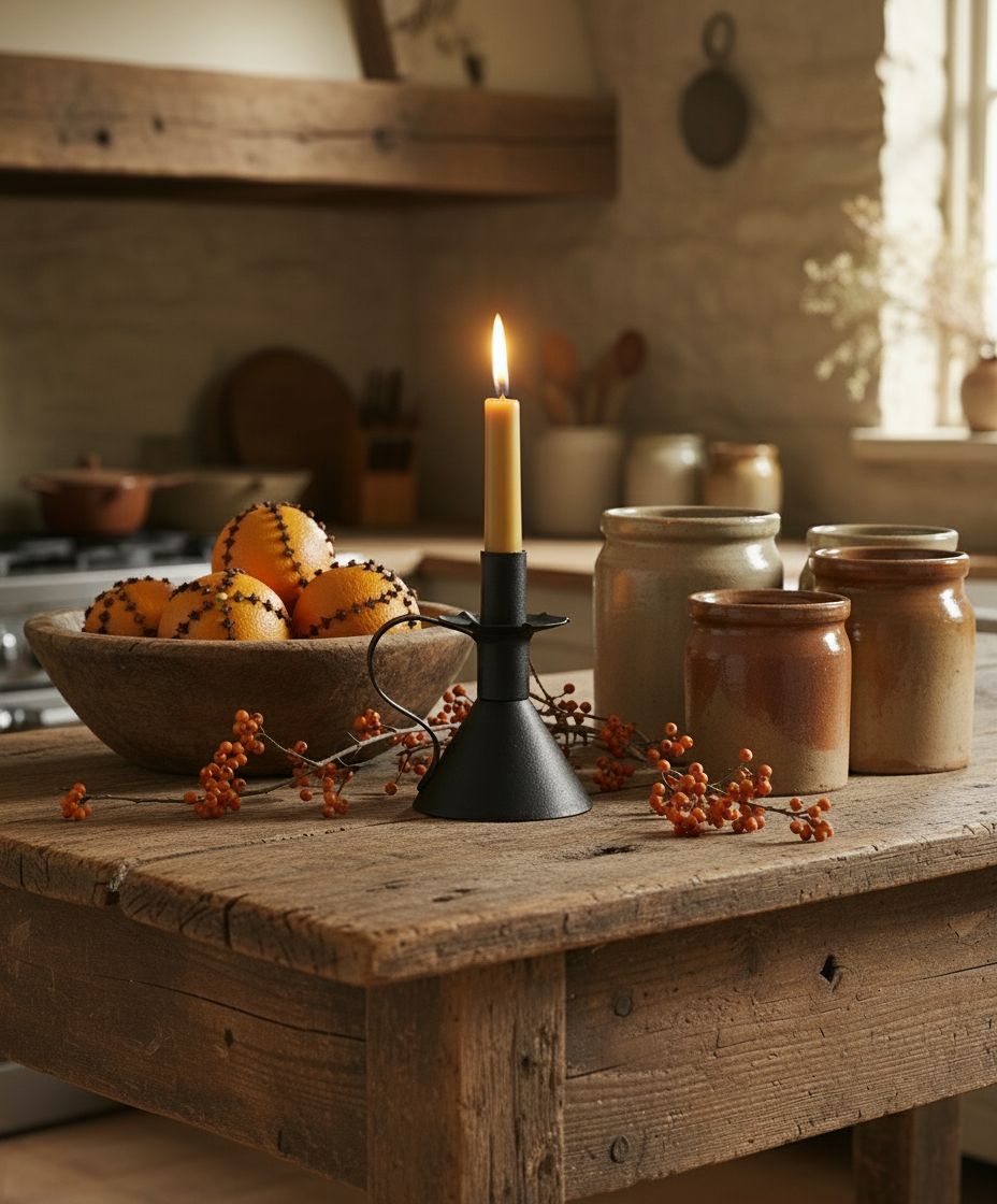 Candle in a black holder on a rustic wooden table with jars and pumpkins in the background.