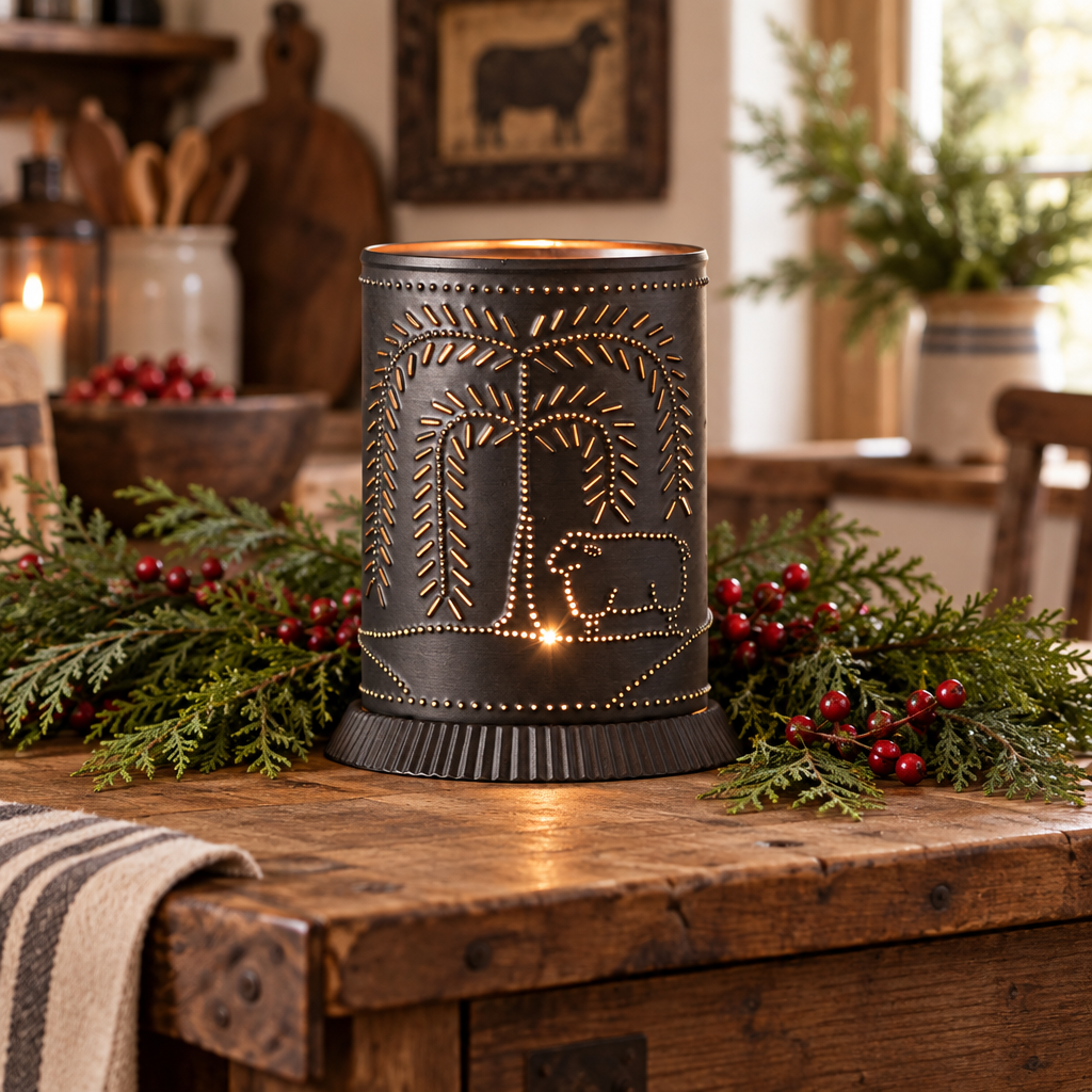 A black metal holiday candle holder with a cutout design of a palm tree and a sheep, lit with a warm glow, displayed on a rustic wooden table surrounded by green garlands and red berries.