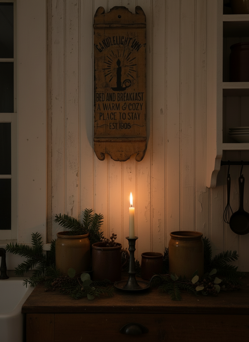 Vintage-style sign on a wooden wall with potted plants and a lit candle in a rustic setting.