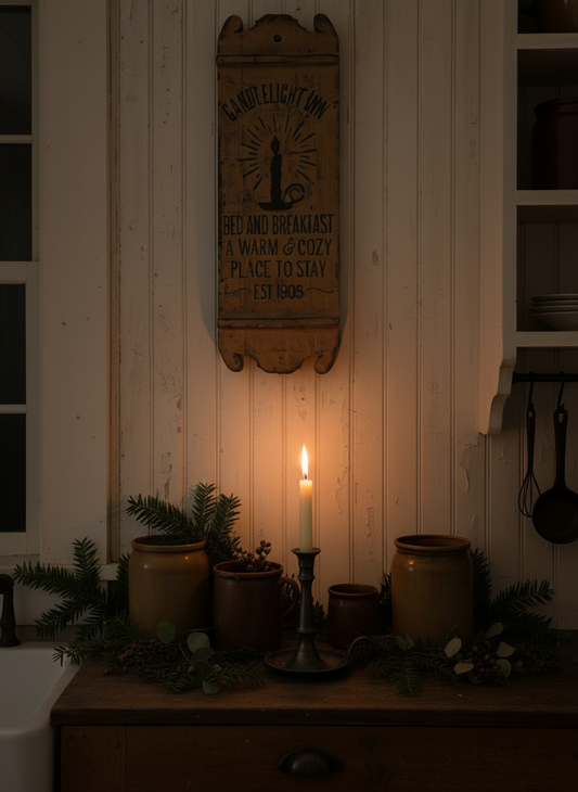 Vintage-style sign on a wooden wall with potted plants and a lit candle in a rustic setting.