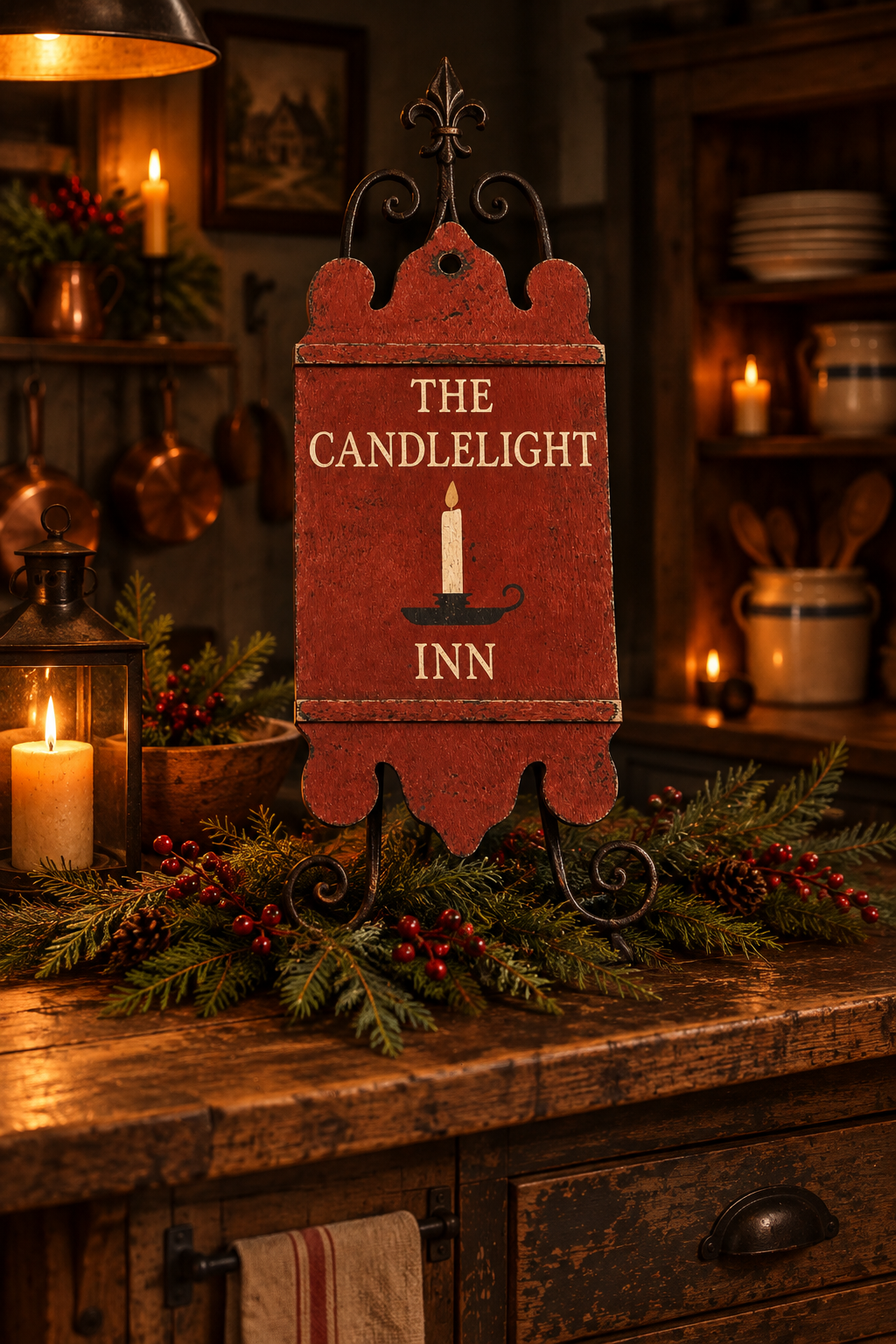 A rustic red wooden hanging sign with black scrollwork and the words 'THE CANDLELIGHT INN' in white, displayed on a wooden counter in a warmly lit holiday kitchen setting with candles and greenery.