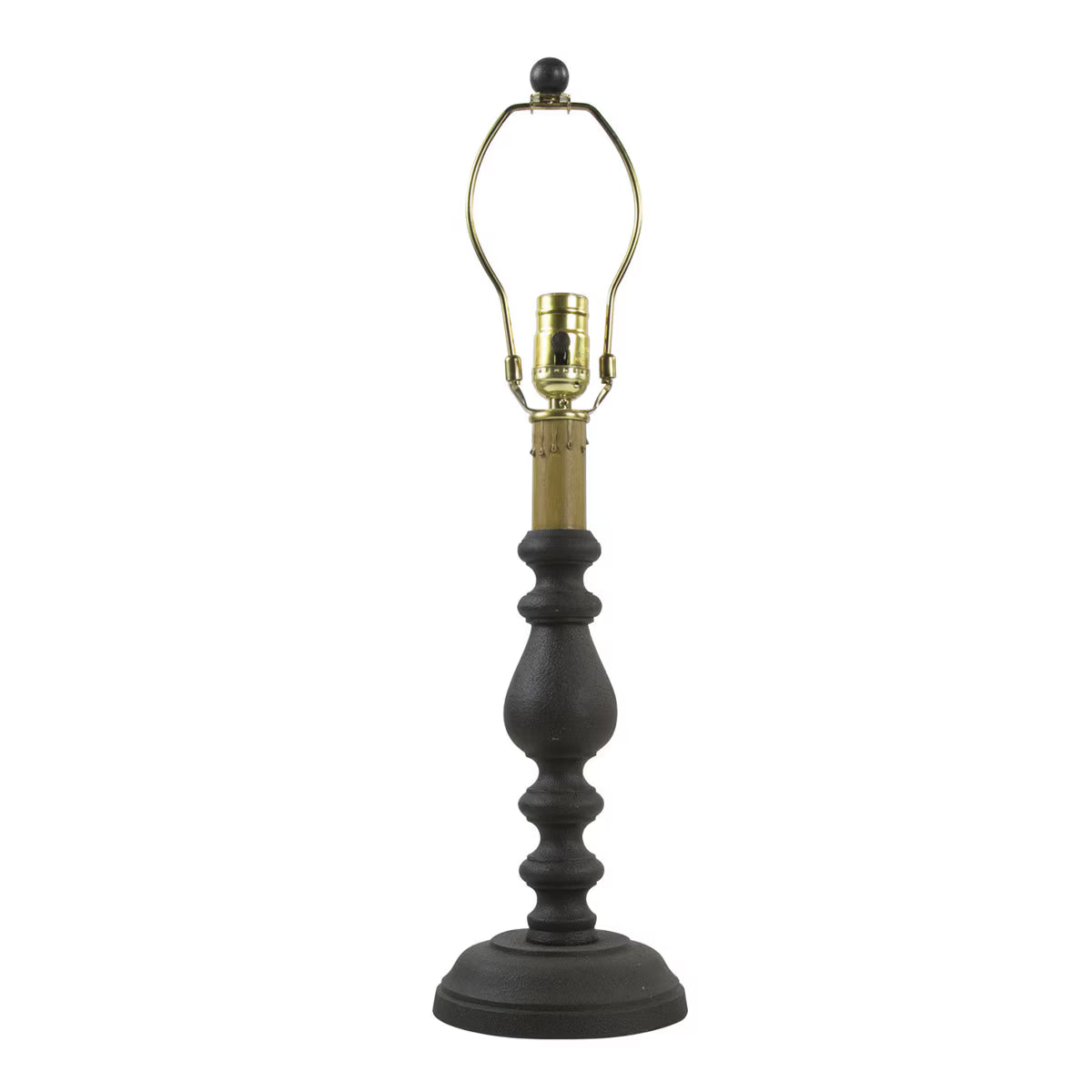 Black table lamp with gold base on a white background