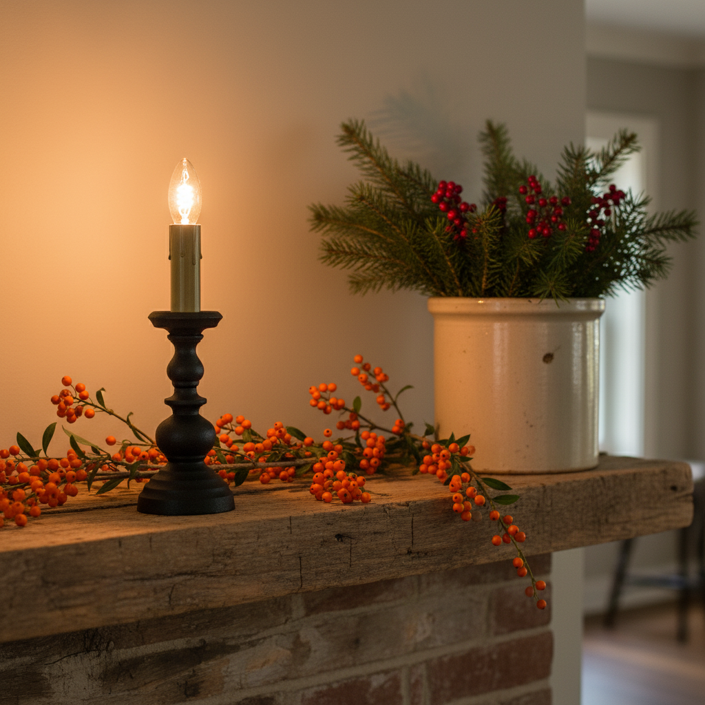Decorative setup with a candle, berries, and a plant on a stone surface.