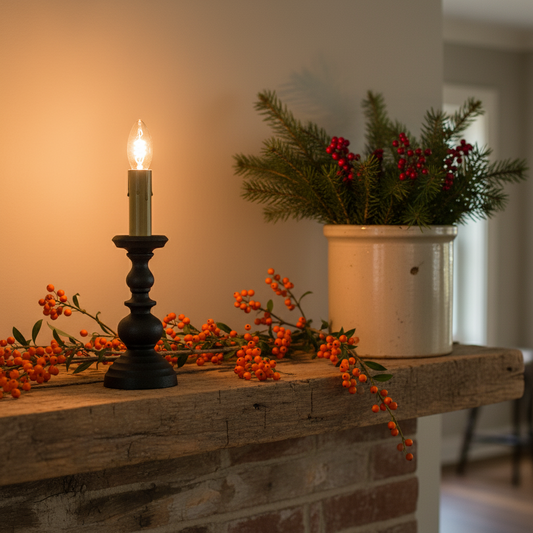 Decorative setup with a candle, berries, and a plant on a stone surface.