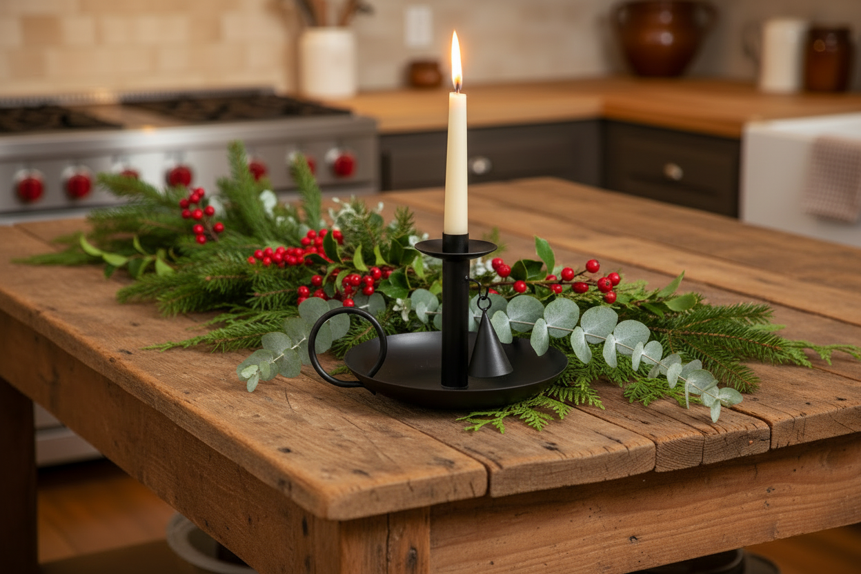 Decorative candle holder with a candle on a wooden table in a kitchen setting.