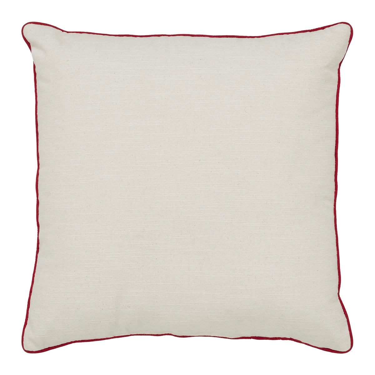 Back view of candy cane Christmas pillow showing plain cream fabric and red piping.