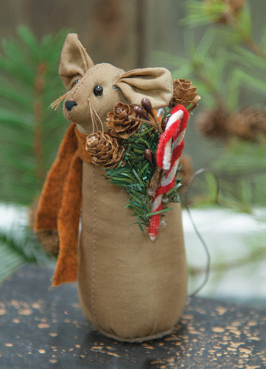 Primitive mouse holding candy cane with greens