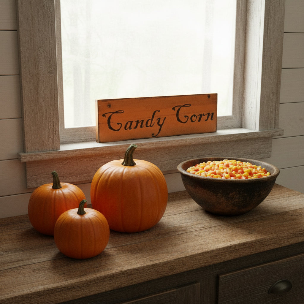 Wooden sign with 'Candy Corn' text surrounded by green foliage against a dark background