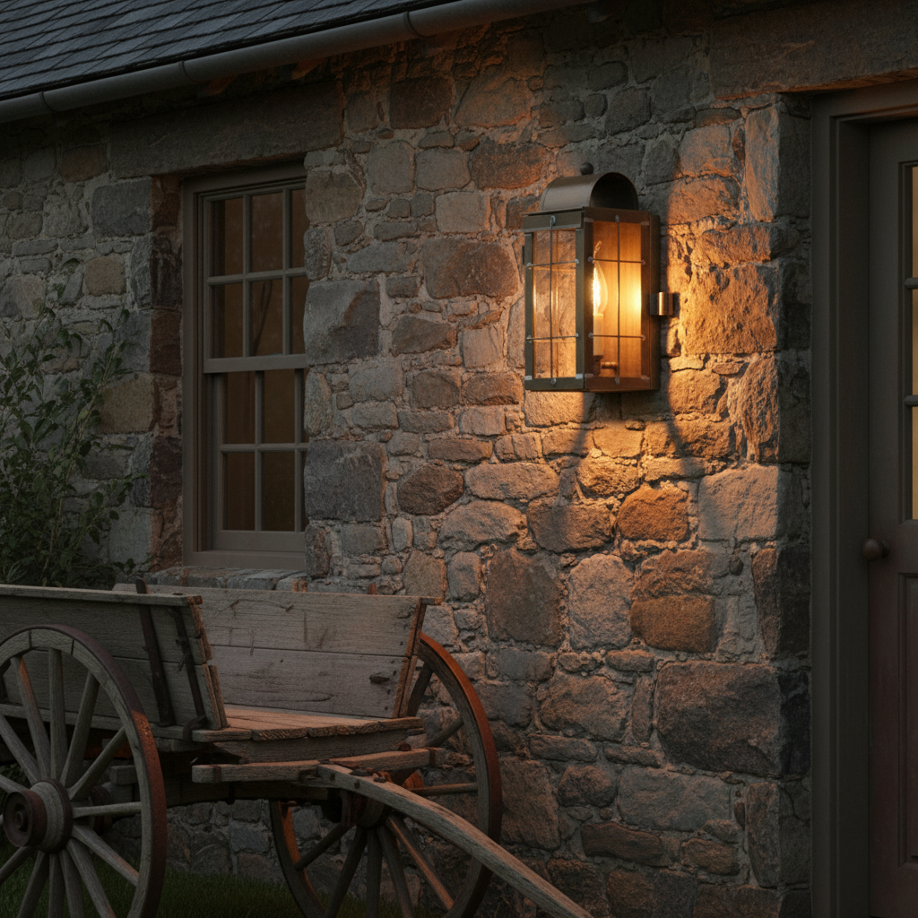 Stone building with a lit wall sconce and an old wooden cart in front.