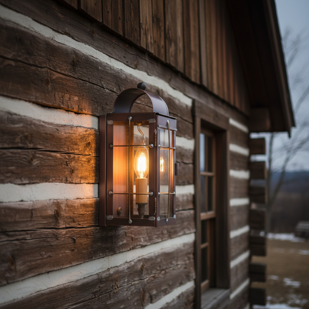 Wooden cabin exterior with a lit wall lantern