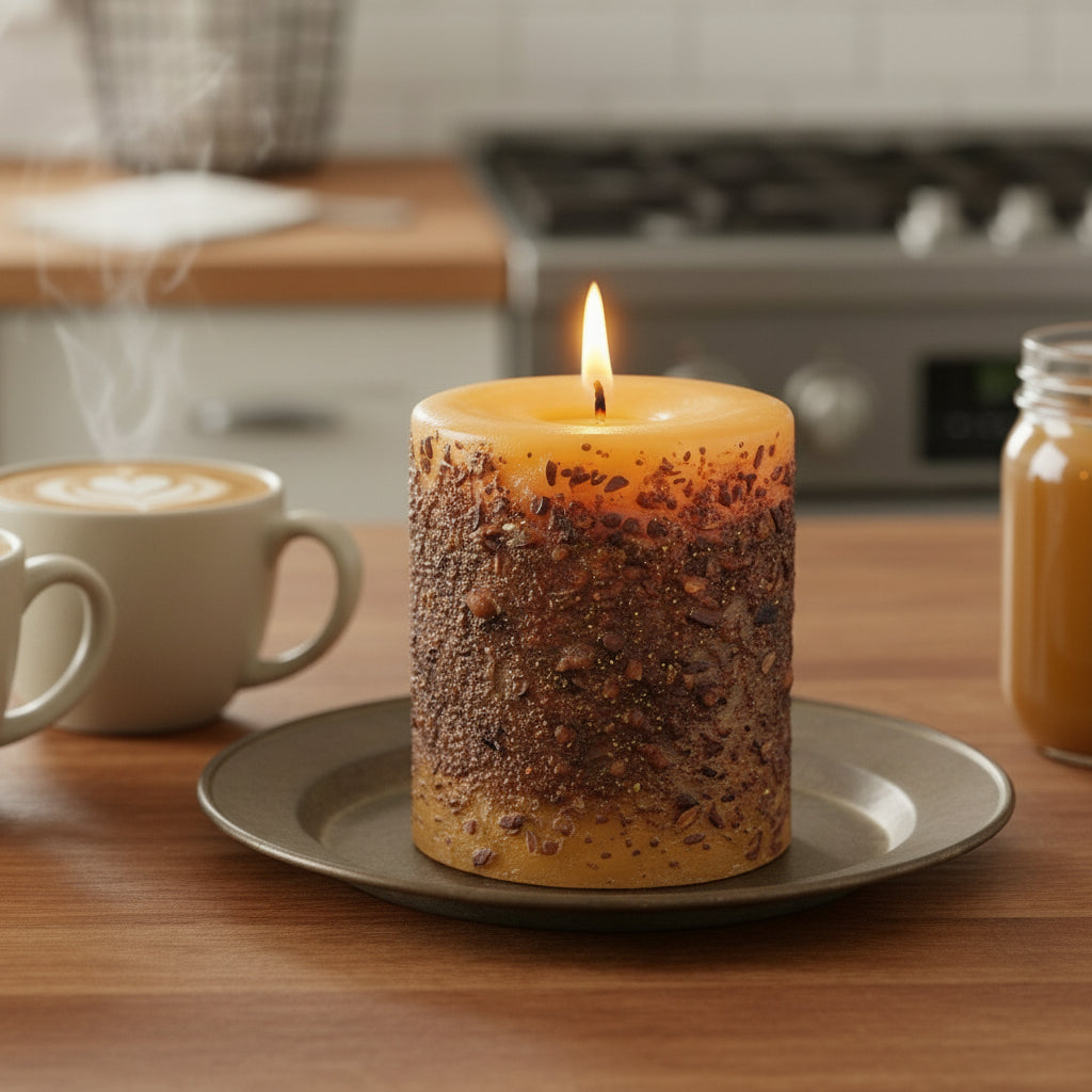 Lit candle on farmhouse table with latte and caramel.