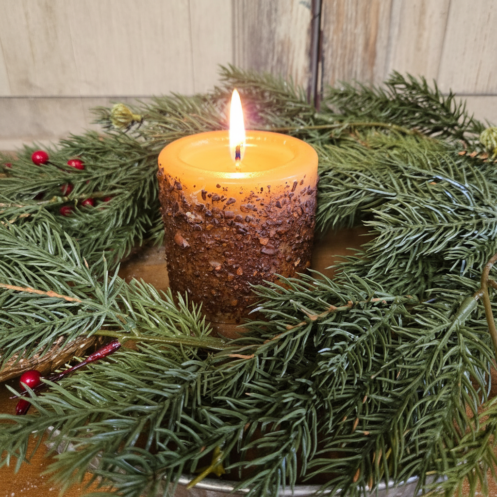 Candle in a decorative wreath with greenery and berries on a wooden surface