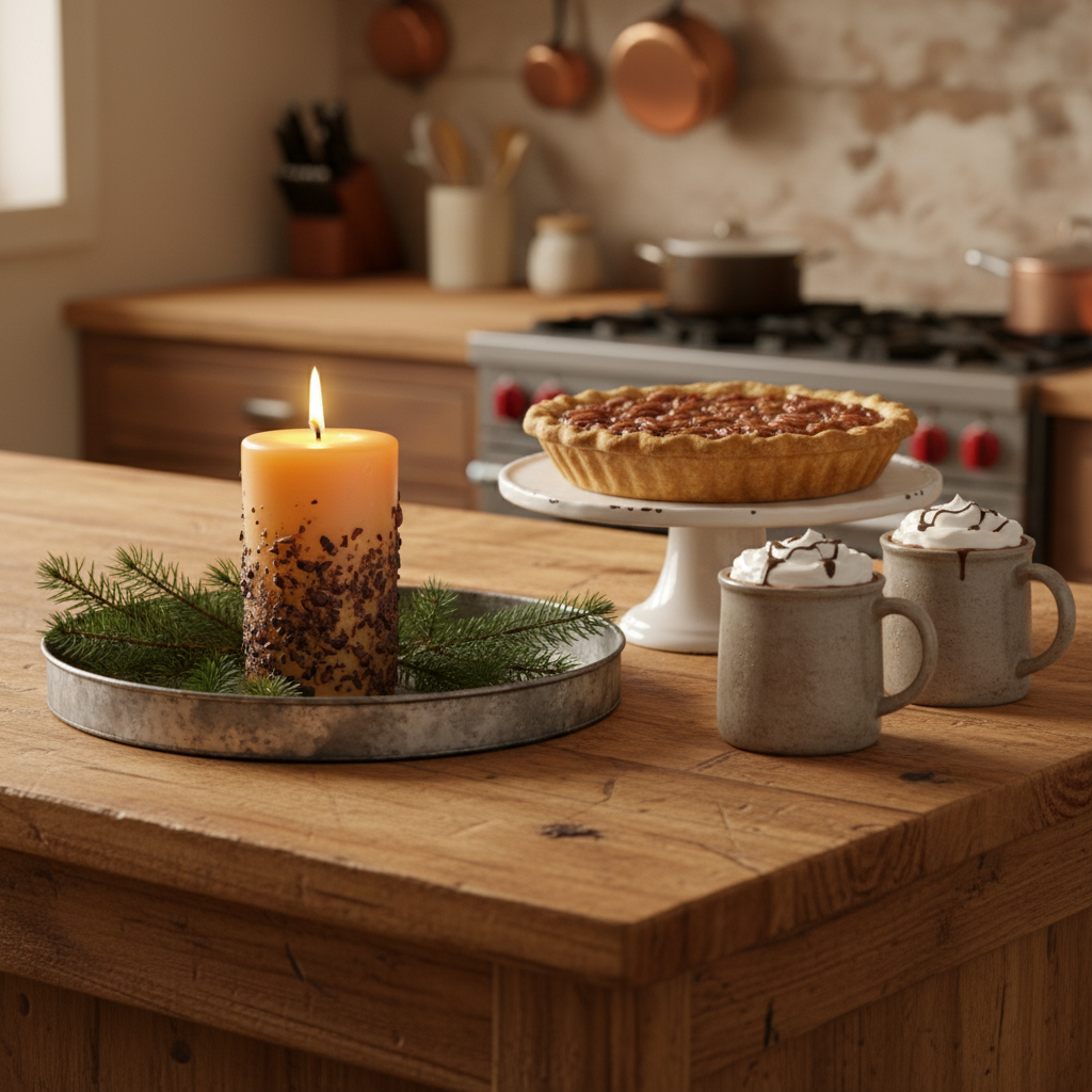 Candle, pie, and hot chocolate on a wooden table in a kitchen setting