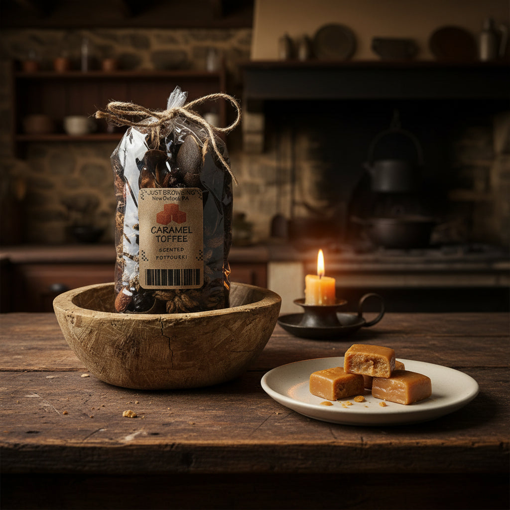 Potpourri in wooden bowl on a table in a colonial kitchen next to a plate of toffee and a candle.