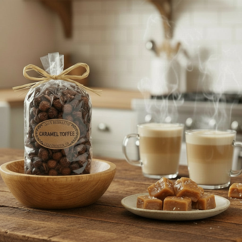Bowl of caramel toffee with a bag of toffee on a wooden table in a kitchen setting.