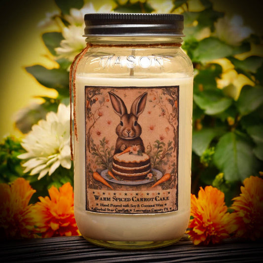Mason jar candle with cream colored wax and artwork featuring a bunny sitting behind a frosted carrot cake