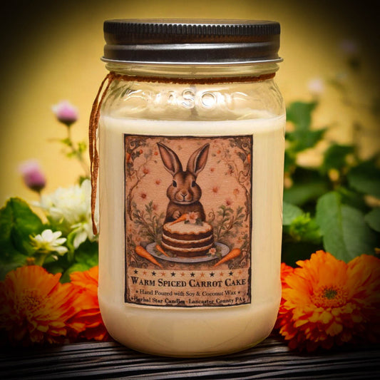 Mason jar candle with artwork featuring a bunny sitting behind a frosted carrot cake