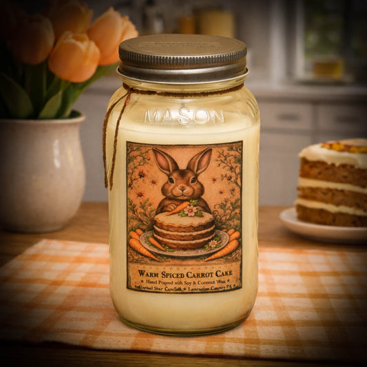 Mason jar candle with a rabbit and carrot cake design on a checkered tablecloth.