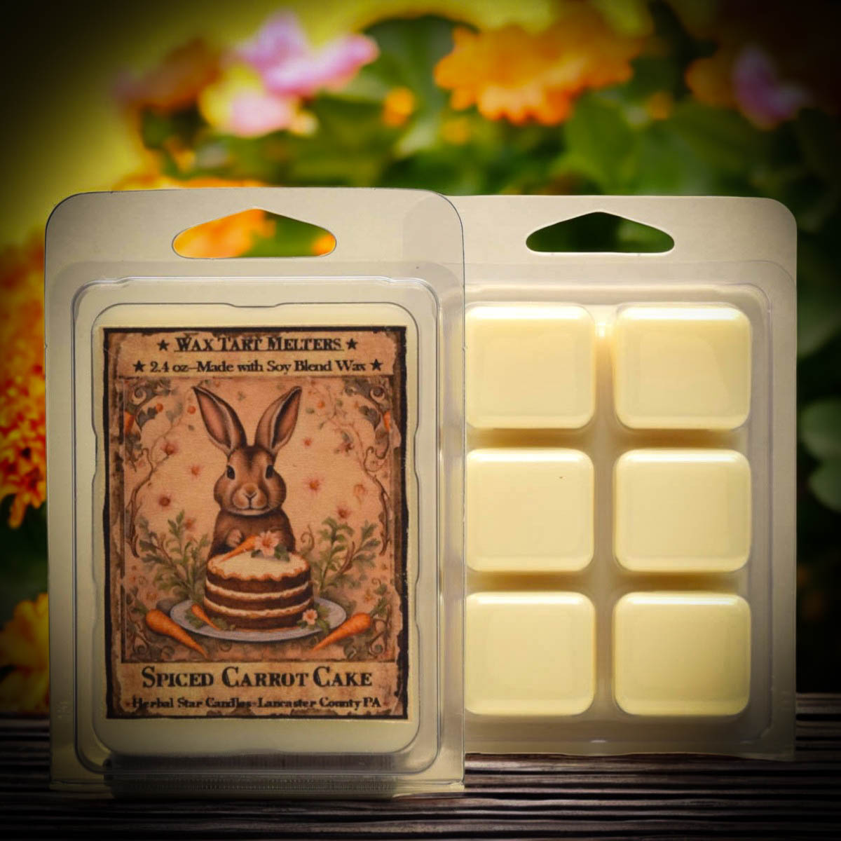Clear clam shell packaging of tart melters with artwork featuring a bunny behind a frosted carrot cake