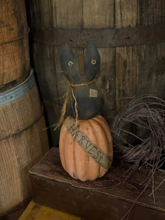 Decorative cat figure on a pumpkin with 'Harvest' text, rustic setting