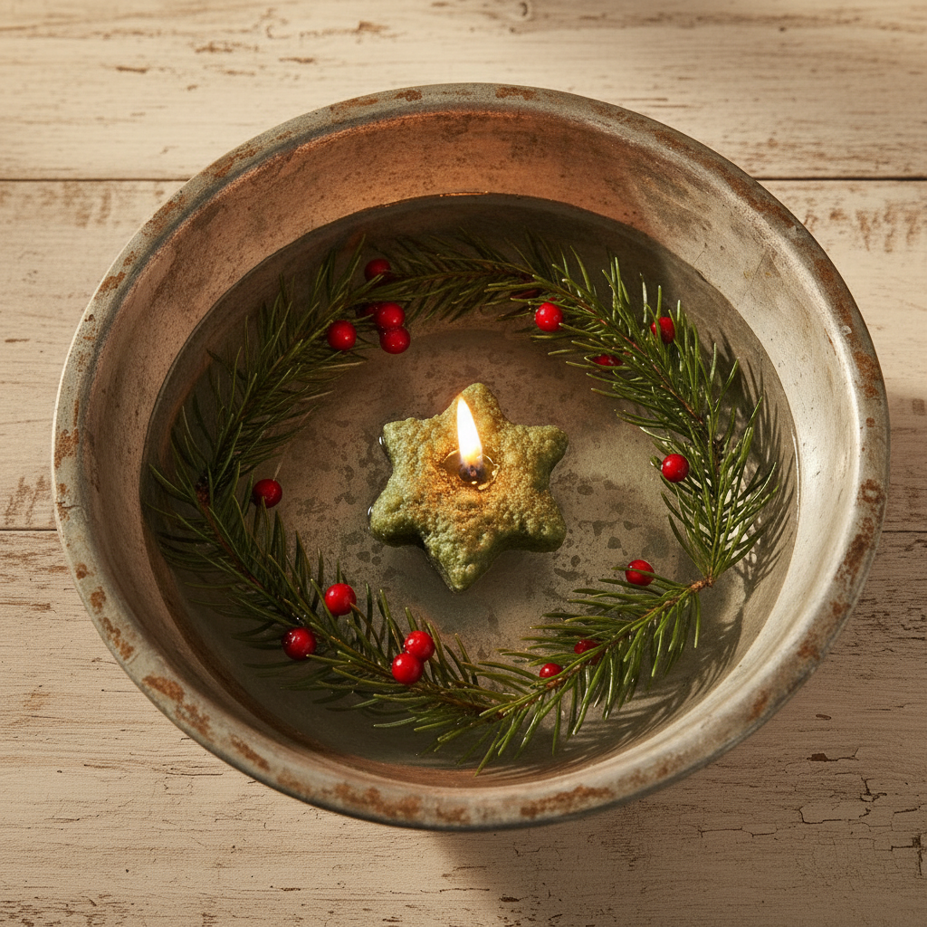 Star-shaped candle in a wreath of greenery and red berries inside a metal bowl on a wooden surface.