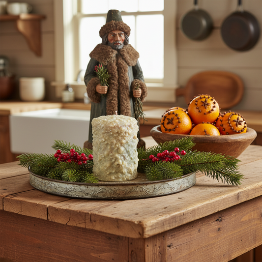 Decorative figure on a wooden table with a candle and fruits in a kitchen setting