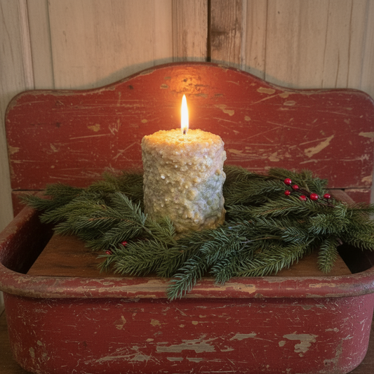 Candle in a decorative container with greenery on a rustic wooden surface