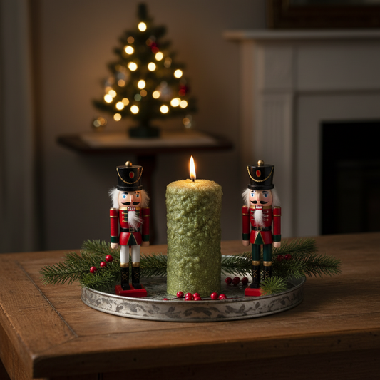 Decorative setup with a lit candle between two nutcrackers on a wooden table, with a Christmas tree in the background.