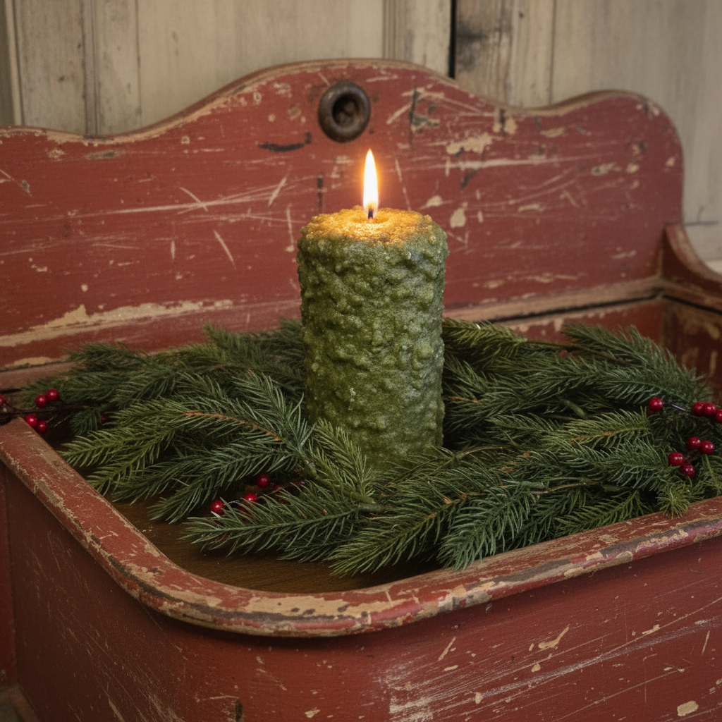 Candle in a decorative container with greenery and berries on a rustic wooden background