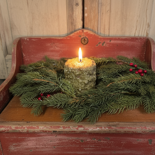 Candle in a rustic wooden box with greenery and berries