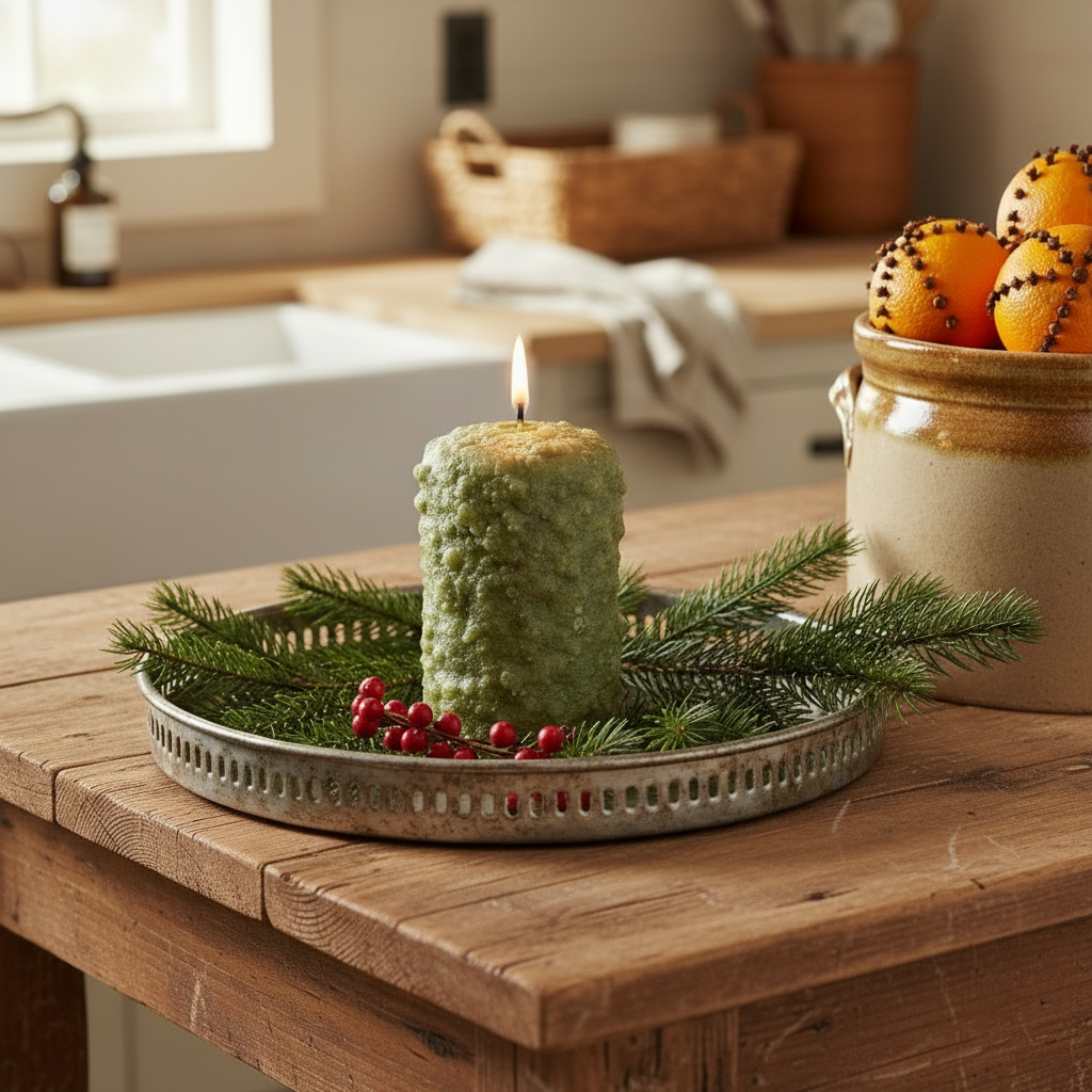 Decorative candle with greenery on a wooden table in a kitchen setting