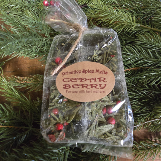 A pack of Cedar Berry wax melts tied with a string, placed on a pine branch with greenery and red berries visible.