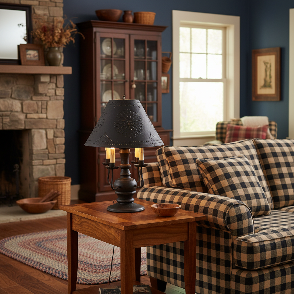 Living room with checkered sofa, wooden table, and lamp.