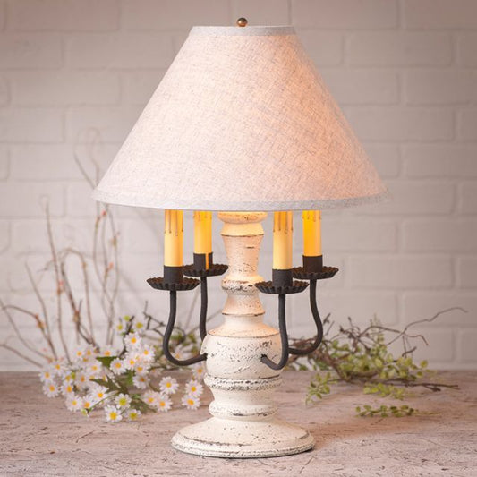Cedar Creek Wood Table Lamp in Americana Vintage White with Fabric Linen Shade
