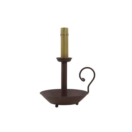 A red chamberstick lamp with a single candle holder on a round base, having a sleek and traditional design.