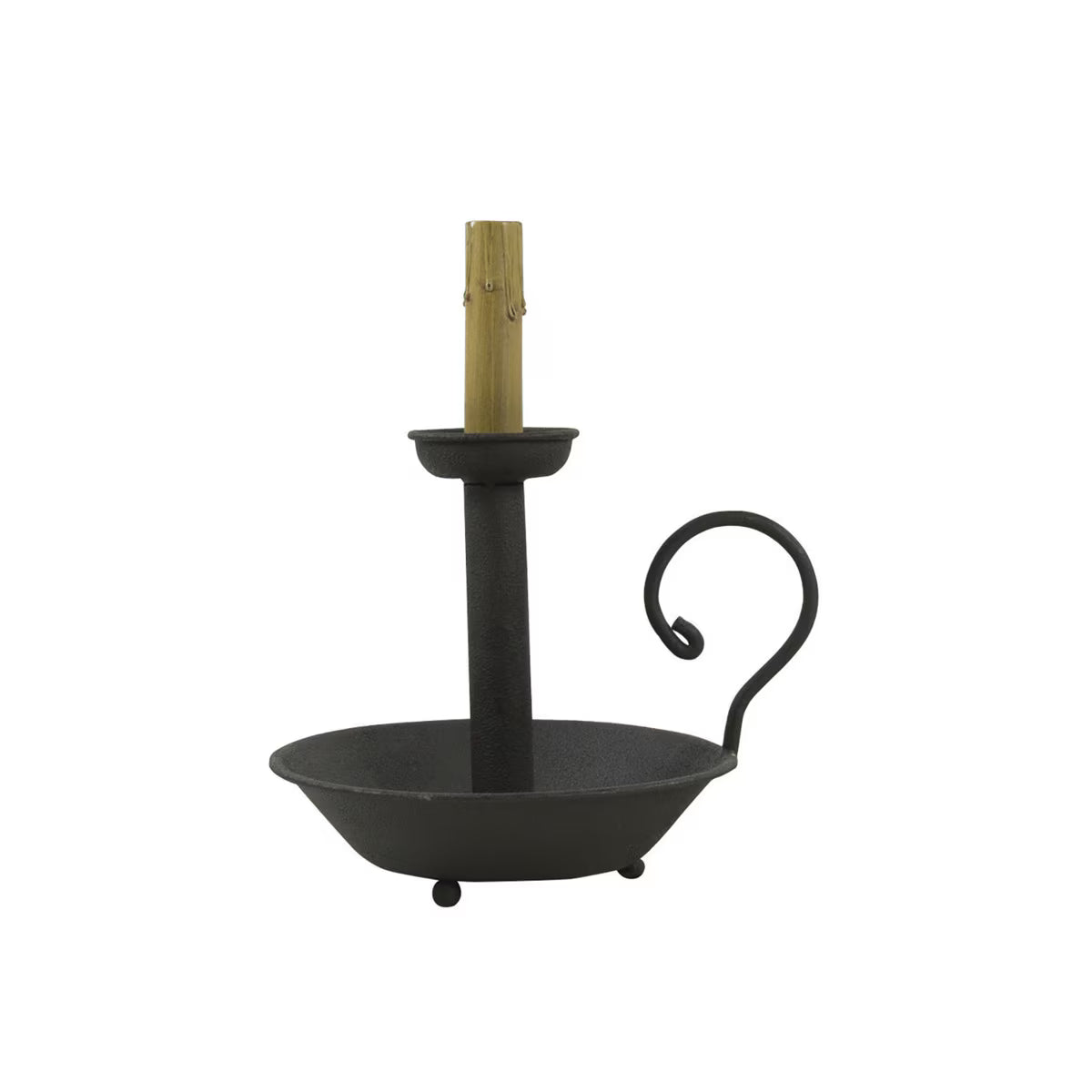 Black metal candle holder with a wooden rod on a white background
