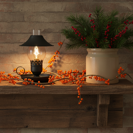 Decorative setup with a lamp, potted plant, and berries on a wooden surface against a stone wall.