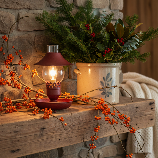Decorative lamp with berries and greenery on a wooden surface against a stone wall.
