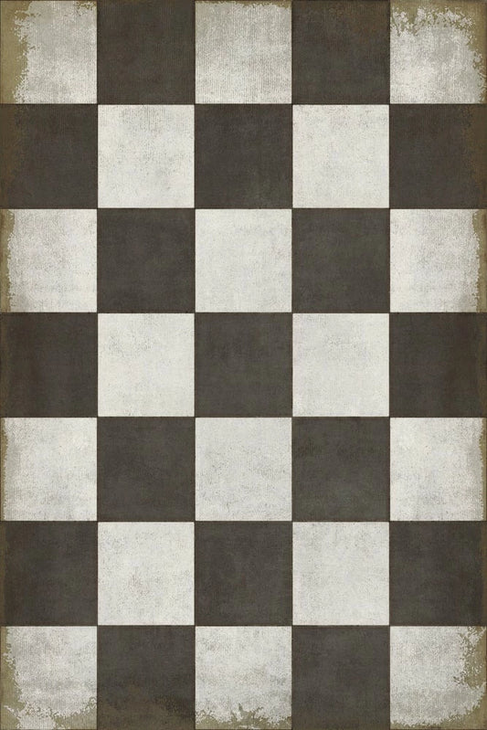 A 24x36 inch checkered floor cloth with a black and white pattern on a vinyl surface.