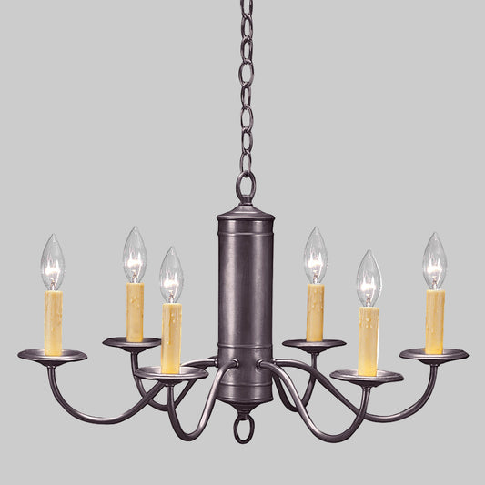 Chandelier with six candle-style lights on a white background