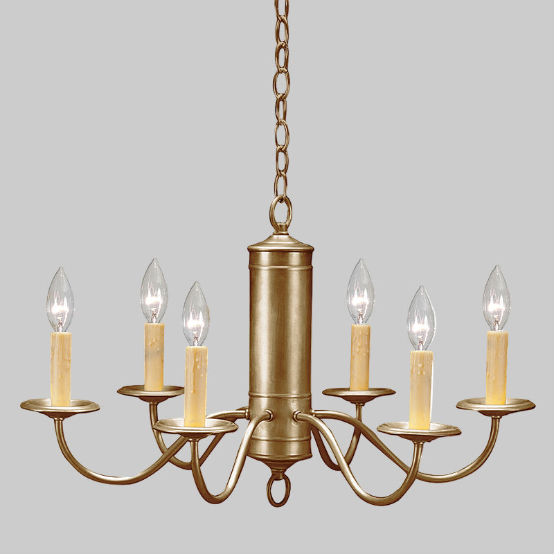 Brass chandelier with six candle-style lights on a white background