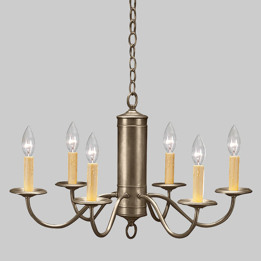 Bronze chandelier with six candle-style lights on a white background