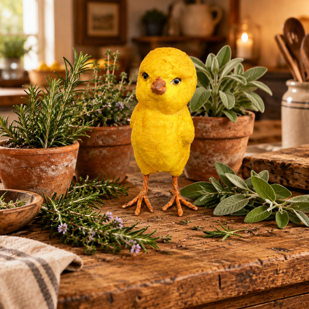 A small yellow chick figurine stands on a rustic wooden table surrounded by potted herbs, including rosemary and sage, in a warm, cozy kitchen setting.
