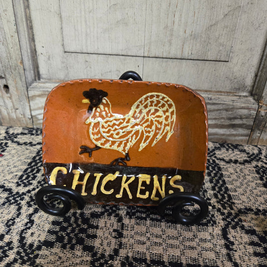 Small rectangular redware plate with animal motif and the word 'CHICKENS'