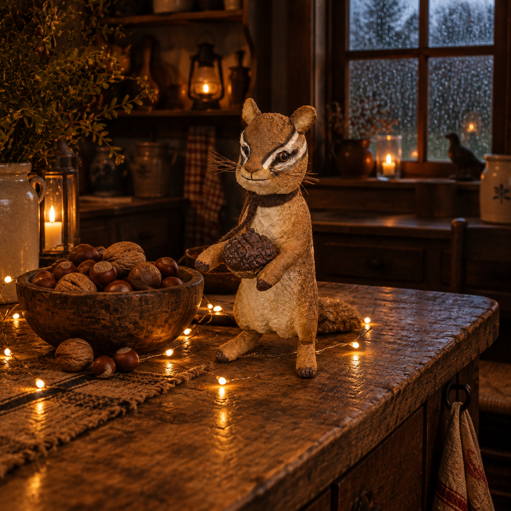 Papier mache chipmunk in a primitive kitchen next to a bowl of nuts and lantern.