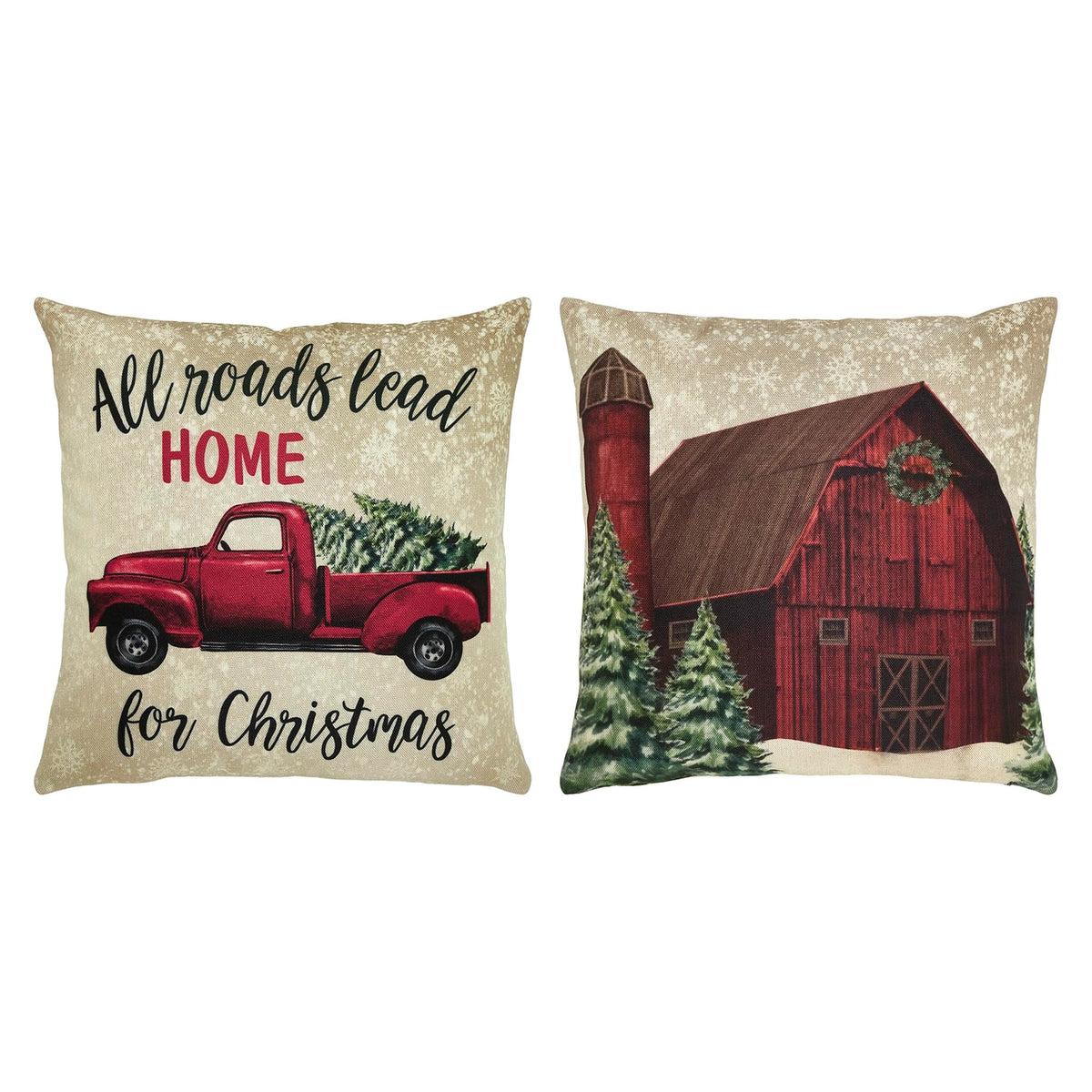 Two cream Christmas Farm pillow covers with a red truck, “All roads lead home for Christmas” lettering, and a snowy red barn.