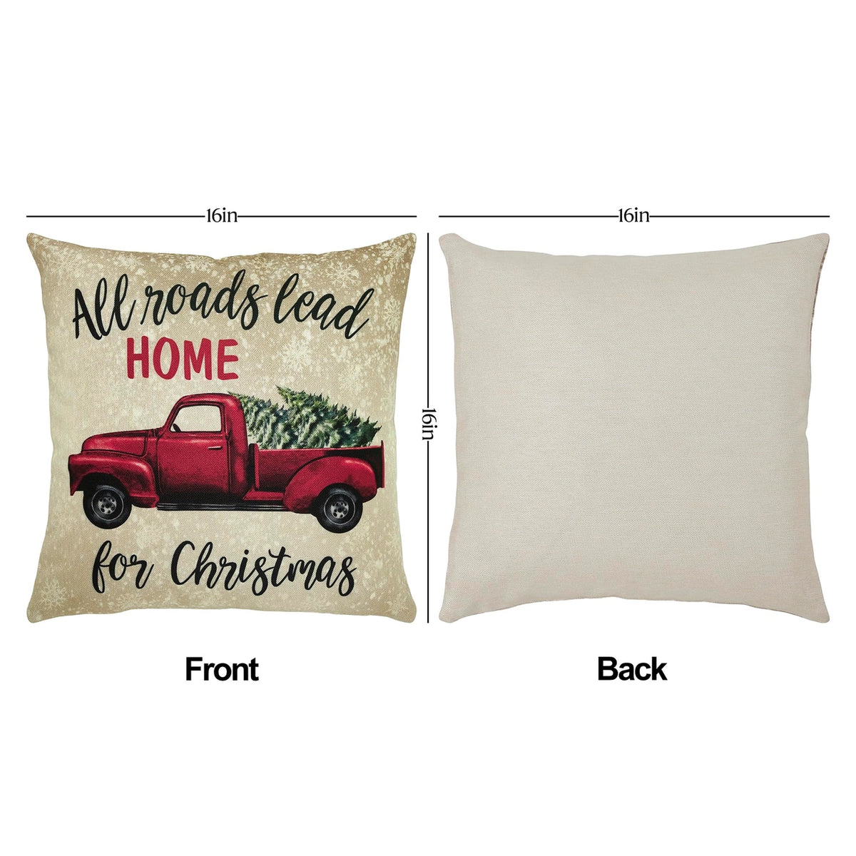 Front and plain cream back of the red truck Christmas pillow cover, with dimensions marked 16 by 16 inches.
