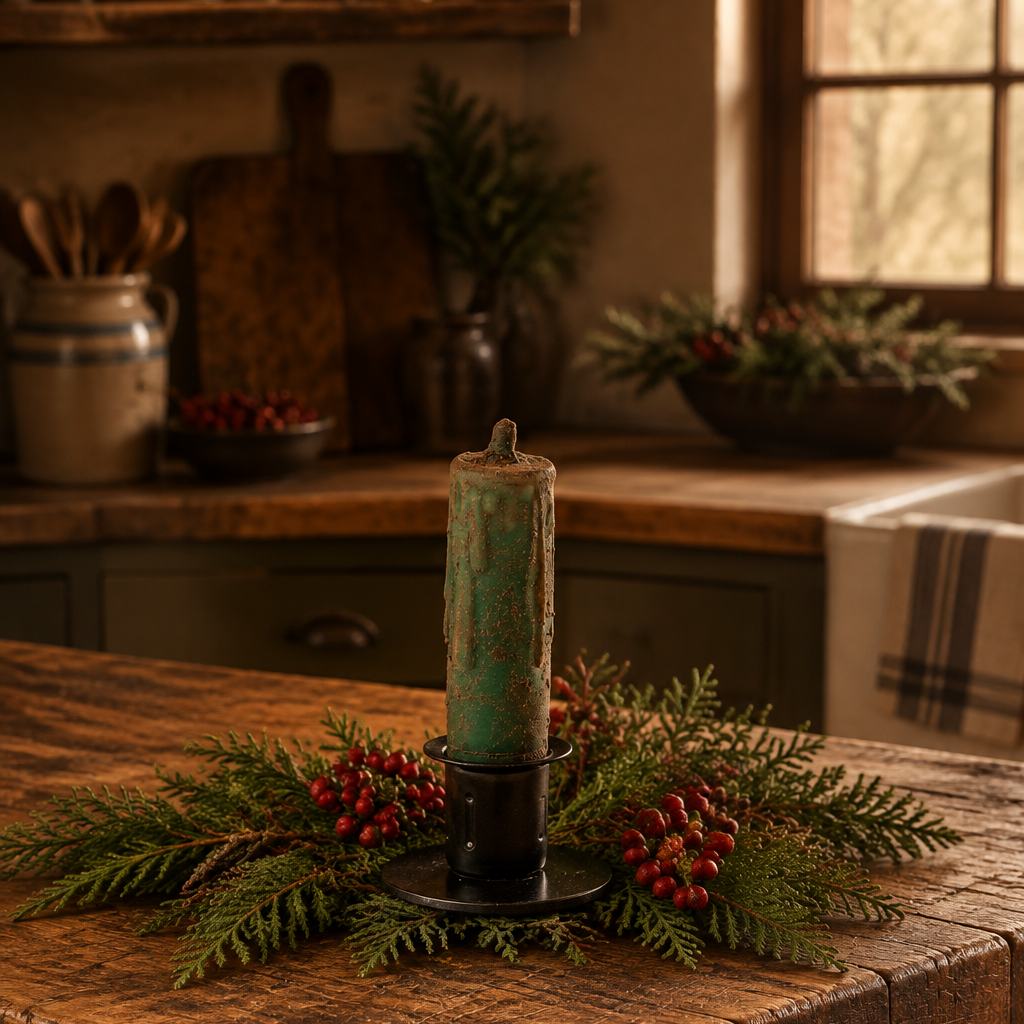 A rustic green candle in a black metal holder sits on a wooden kitchen island, surrounded by green pine branches and red berries in a warm, cozy interior setting.