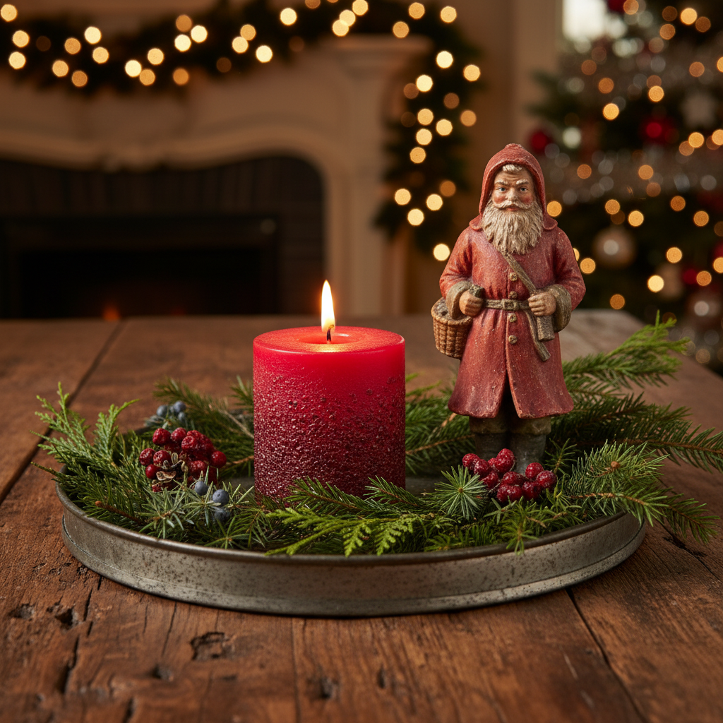 Decorative Christmas scene with a lit red candle, Santa figurine, and greenery on a wooden table.