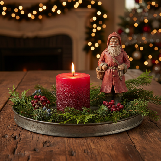 Decorative Christmas scene with a lit red candle, Santa figurine, and greenery on a wooden table.
